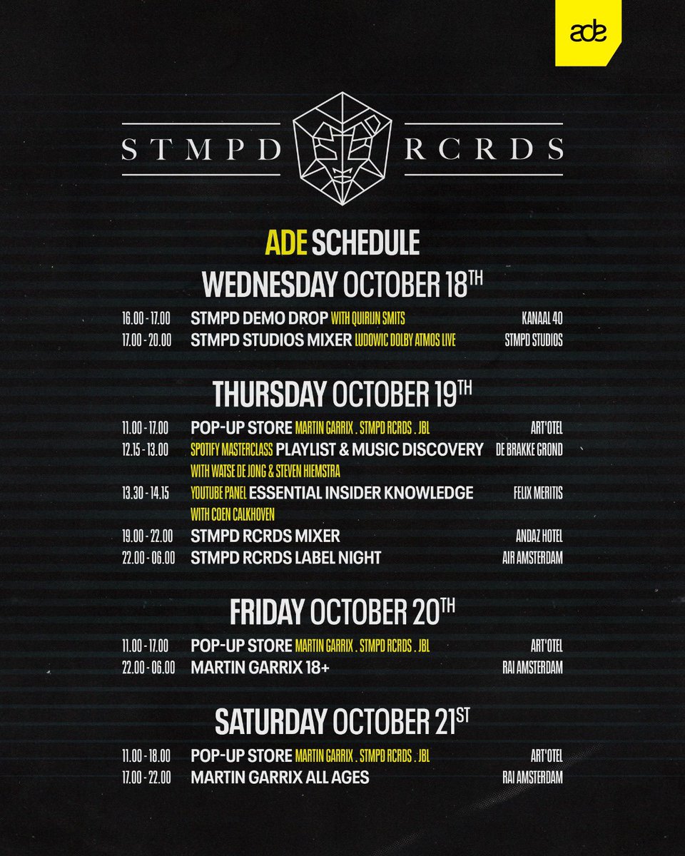 stmpdrcrds's tweet photo. We’re stoked to announce the line up of our label night, our pop-up store &amp; so many more events during @ADE_NL 
Excited to see you all there 🔥 https://t.co/aSXFVDJCdP