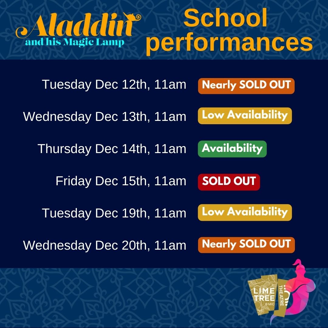 LimeTreeTheatre's tweet image. CALLING ALL PRINCIPALS &amp;amp; TEACHERS do you want to treat your students to a fun filled day out at #AladdinAndHisMagicLamp 🧞‍♀️

Our school performances are selling fast, be sure to get in touch before the midterm before they SELL OUT!

#SchoolPerformance #School #Limerick