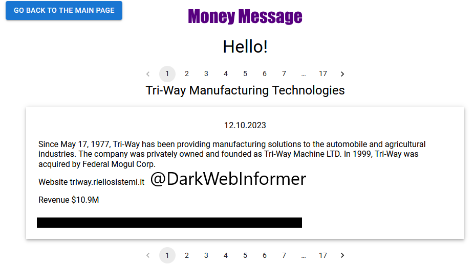 DarkWebInformer's tweet photo. Threat Actor: Money Message
Ransomware Victim: Tri-Way Manufacturing Technologies
Date: 2023-10-12
Note: Allegedly, #MoneyMessage has named #TriWayManufacturingTechnologies as a victim. #Ransomware #StopRansomware #DarkWeb #DarkWebInformer #Leaks #Leaked #Cyberattack https://t.co/e9ew1kQDPC