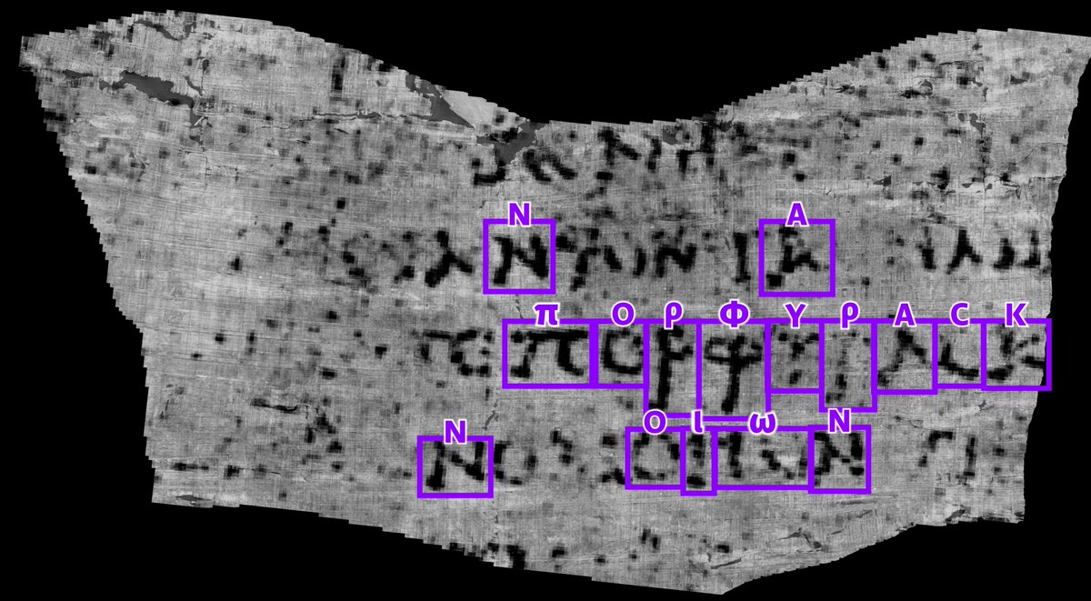 Today we are announcing a major breakthrough in the Vesuvius Challenge: we have read the first word from an unopened Herculaneum scroll. The word is 'πορφυρας' which means 'purple dye' or 'cloths of purple.' scrollprize.org/firstletters Congratulations to 21yo computer science…