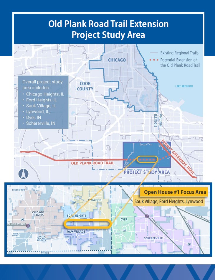 NIRPC's tweet photo. NIRPC has joined Cook County on a study to extend the Old Plank Road Trail from Chicago Heights to Schererville. An Open House for a segment just west of Indiana is scheduled for October 25th in Sauk Village. Details in the flyer are attached. https://t.co/WBGYGLOyPD