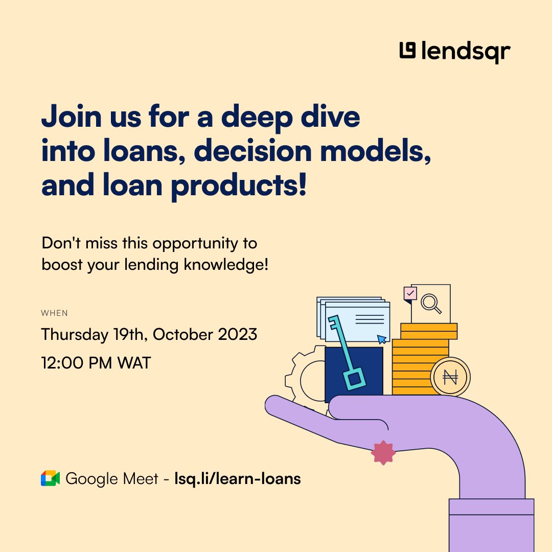 lendsqr's tweet photo. 🚀 Join us for a deep dive into loans, decision models, and loan products! 💼

📅 Thursday, October 19th, 2023 | ⏰ 12:00 PM | 📍 Google Meet

🔥 Don't miss this opportunity to boost your lending knowledge! 📈💡

Register now: https://t.co/znI5kOlz3R

#LendsqrTraining #loans 🌐💰 https://t.co/rXhrDRFeEl