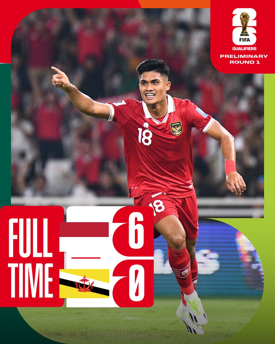 afcasiancup's tweet photo. 🚨 FT | 🇮🇩 Indonesia 6️⃣-0️⃣ Brunei Darussalam 🇧🇳

Simply scintillating. Indonesia got off to a brilliant start in the Preliminary Joint Qualifiers Round 1 with a resounding victory in front of their adoring fans!

#AsianQualifiers https://t.co/EzBDLGFcBi