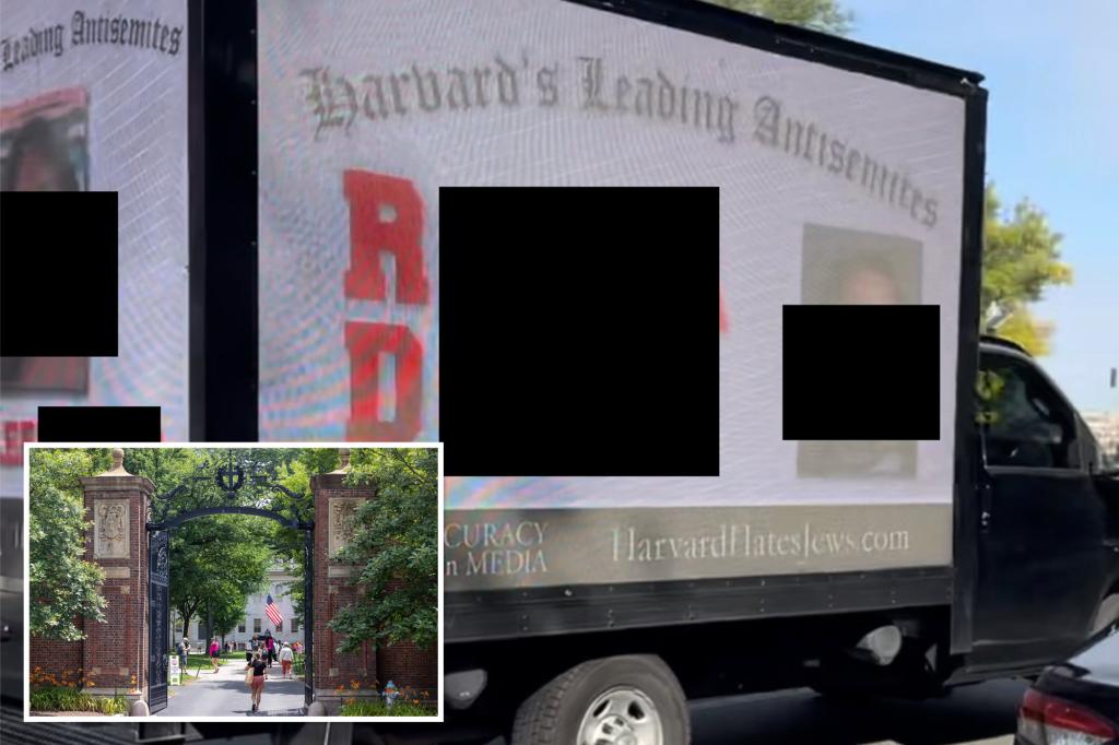 nypost's tweet photo. ‘Doxxing truck’ drives around Harvard showing names, photos of students who blamed Israel for Hamas attacks https://t.co/TX5M2Gg8xN https://t.co/epVPmbbtLP
