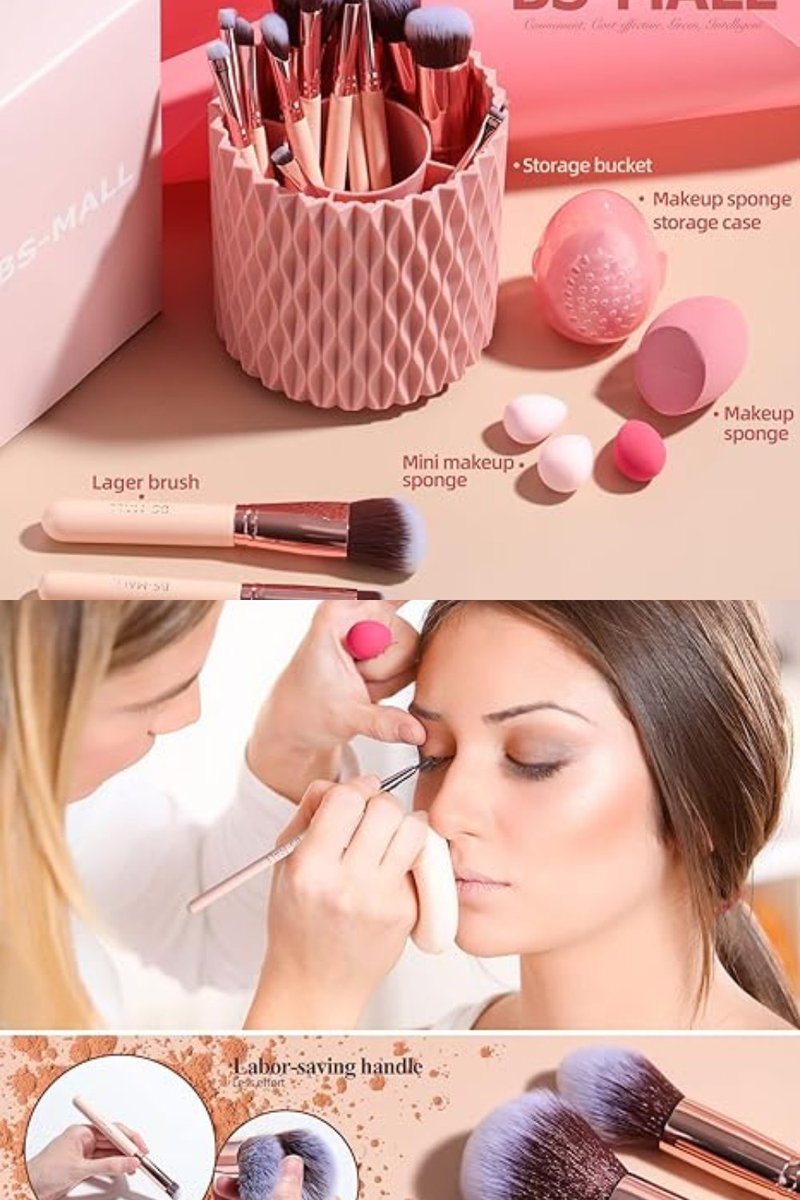 BS-MALL Makeup Brushes Premium. Synthetic Foundation Powder Concealers Eye Shadows 18 Pcs Brush Set with 5 sponge &amp; Holder Sponge Case. Click now amzn.to/3PKMY8k