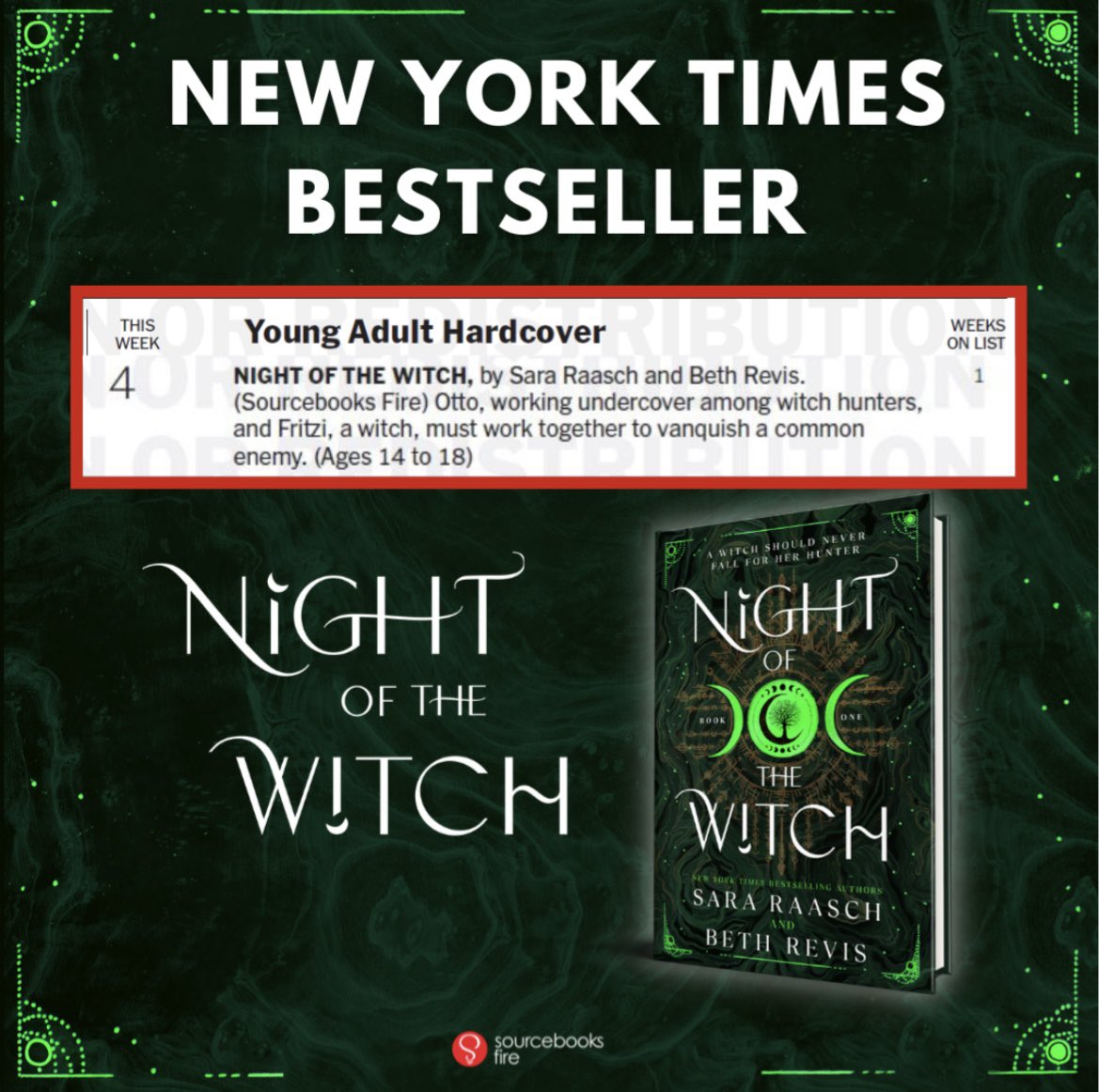 So incredibly thrilled that NIGHT OF THE WITCH is a NYT bestseller! Congrats to Sara and Beth, their agents, and the whole Fire team! This book deserves everything and more. So so proud ☺️