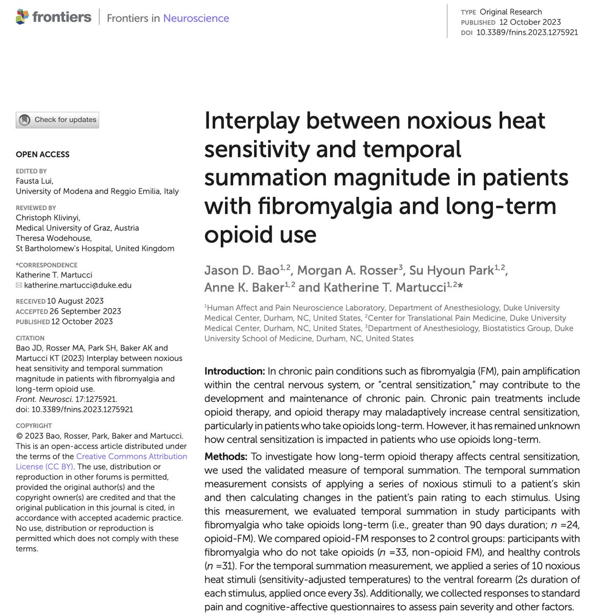 Our new paper out today! 

It's a tour-de-force study of pain responses to repeated heat stimuli in women with fibromyalgia taking vs not taking opioids.💊

Led by <a href="/DukeBiology/">Duke Biology</a> undergrad in my lab, Jason Bao. 

⭐️ Frontiers in Neuroscience, Open Access: bit.ly/3QhlgSs