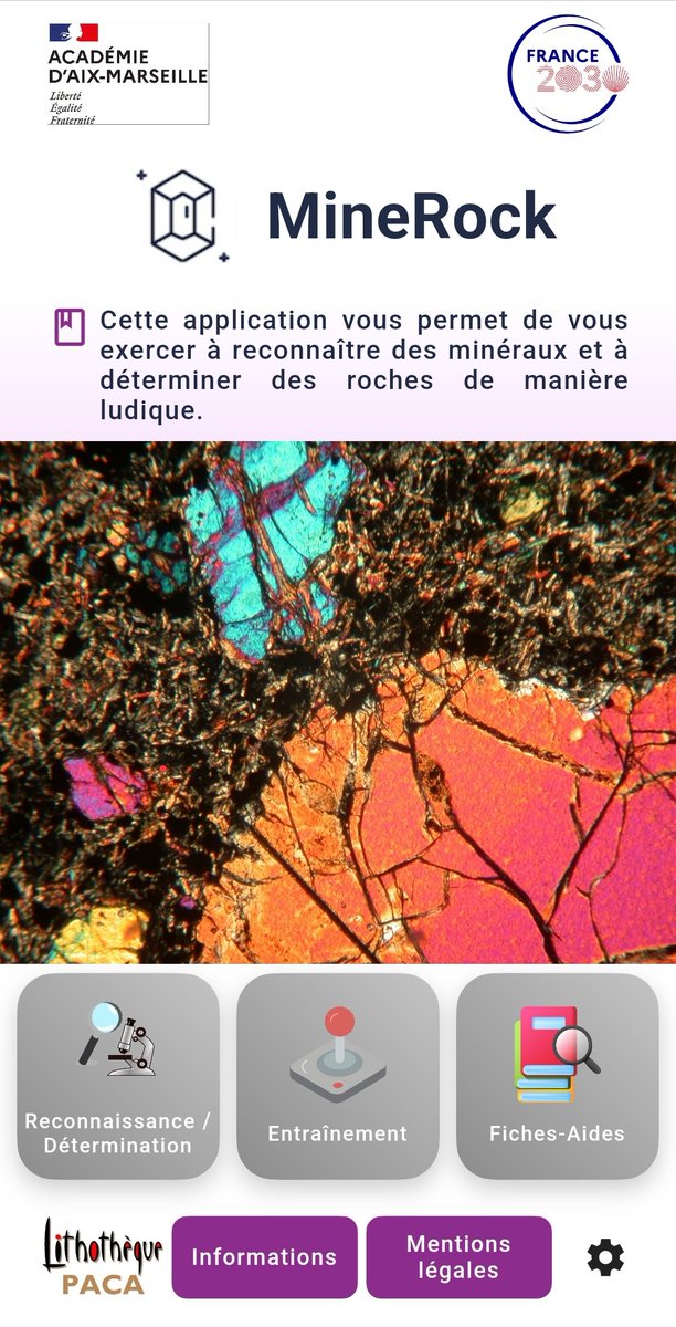 SabineTicaud's tweet photo. Cette nouvelle édition de la #newsletter des #SVT @AcAixMarseille est aussi l'occasion de présenter #Minerock #TNE13 une application smartphone gratuite, conçue par des enseignants pour l'identification des minéraux en classe ou sur le terrain
https://t.co/hKnlkKEali https://t.co/hc891K1cLT