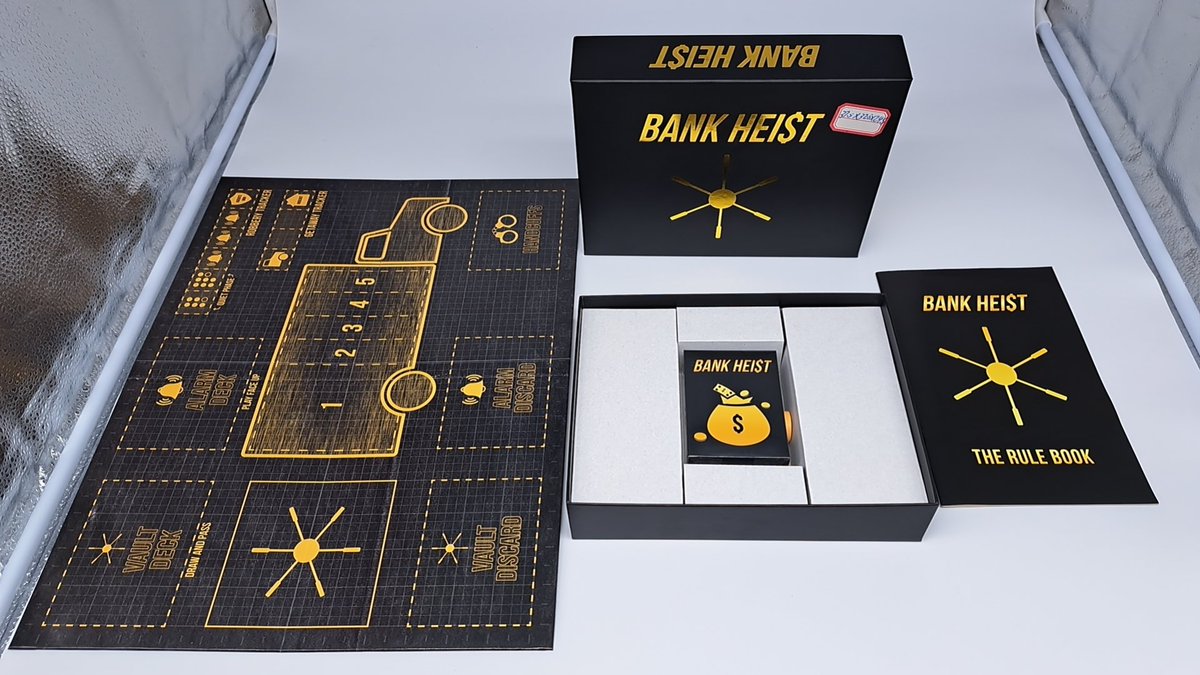 lonelyherogames's tweet photo. Bank Heist update:

Games are headed to the US/UK soon. We'll now be able to ship worldwide at more local friendly rates!

The new games feature an updated board (seen here), smaller box, &amp; updated card text for rule clarity.

Thank you all for your patience &amp; continued support! https://t.co/gwph3v5k8j