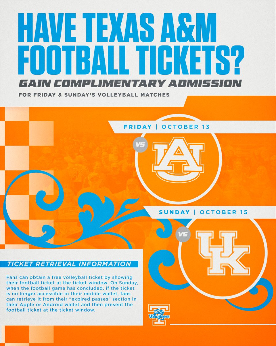 Tennessee Athletics (@vol_sports) on Twitter photo Let's pack Food City Center!
Use your Texas A&M football ticket to gain complimentary admission to both of No. 10 <a href="/Vol_VBall/">Tennessee Volleyball</a>'s matches this weekend π Let's pack Food City Center!
Use your Texas A&M football ticket to gain complimentary admission to both of No. 10 <a href="/Vol_VBall/">Tennessee Volleyball</a>'s matches this weekend π