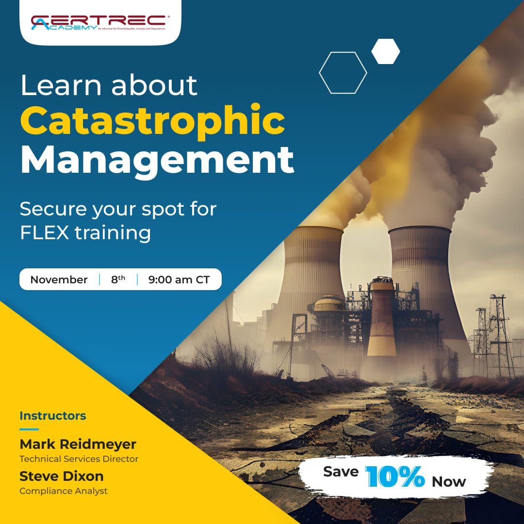 certreccorp's tweet image. Unlock key insights with FLEX Training! 🚀 

Learn about managing catastrophic events, NRC actions post-Fukushima, and FLEX equipment capabilities for nuclear plants. 

Register before Nov 1st &amp;amp; SAVE 10%!
hubs.la/Q025hc0P0 

#FLEXTraining #CrisisManagement #EarlyBird
