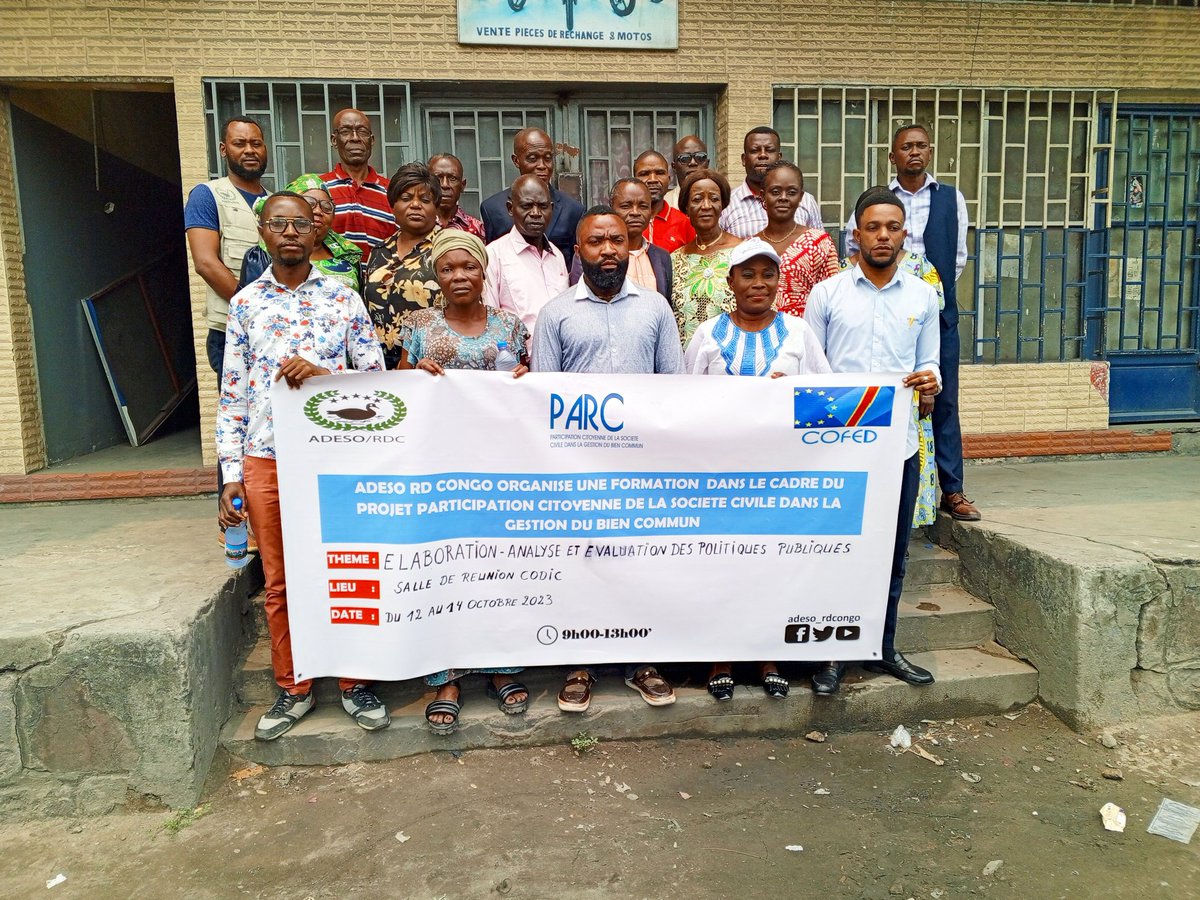 adeso_rdcongo's tweet photo. @adeso_rdcongo a lancé ce Jeudi 1️⃣2️⃣ Oct dans la commune de #Kinshasa avec son #CCPSC sa première série de formations destinée aux différents #CCPSC qu'elle accompagne dans le cadre du projet #PARC, avec le thème : Élaboration, analyse et évaluation des politiques publiques ✅ https://t.co/resPJxbkS6
