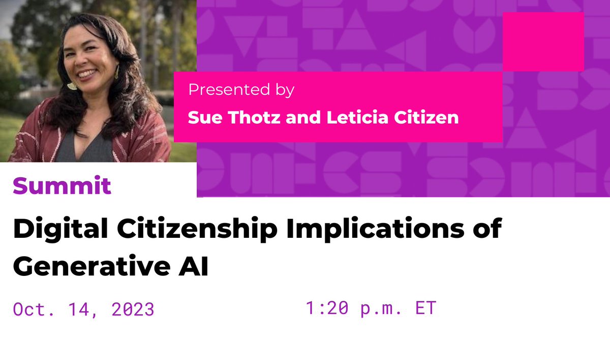 Today is the last day to register for the Impacts of Computing Summit. You won't want to miss out on the amazing sessions, like “Digital Citizenship Implications of Generative AI,” with Sue Thotz and Leticia Citizen. Register before it's too late: ow.ly/oWYW50POMFU