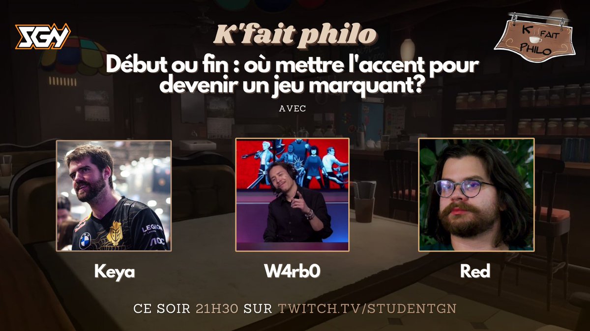 Venez partager un #KFaitPhilo ? ☕️📷 

 Ce soir, retrouvez  <a href="/KeyaCast/">Keya</a> et ses invités: @SGN_RnGK et <a href="/w4rb0Cast/">w4rb0</a> pour un moment de réflexion intense. 
 Nous aborderons les points clés pour créer un jeu vidéo marquant. 🎮  

On se retrouve ce soir, 21h30 sur #twitch 🔴