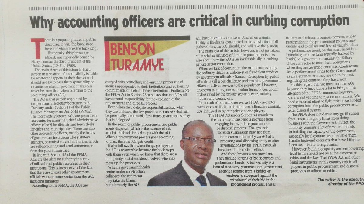 PPDAUganda's tweet photo. Accounting officers are very critical in curbing corruption in procurement, @PPDA_ED explains in this @newvisionwire article. 

Please take a read👇
#ProcurementThatDelivers
#ExposeTheCorrupt https://t.co/2UTLgA1Cv8