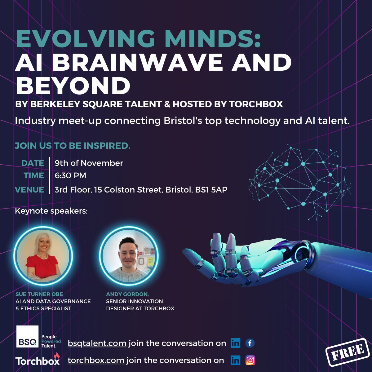 Exciting news! Berkeley Square is teaming up with @Torchbox for an event 'AI Brainwave &amp; Beyond' Join us in Bristol on Nov 9 for an electrifying evening exploring #AI with experts in the industry. All are welcome, and it's free!

Register here: meetup.com/bristol-ai-bra…