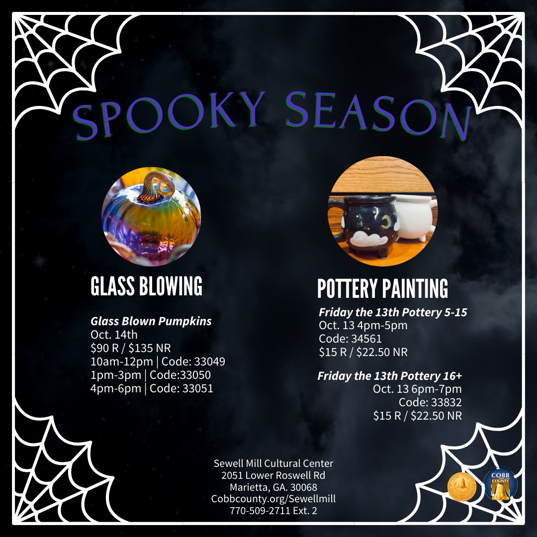 sewell_mill's tweet photo. Shake up your spook-tacular season with some of our new workshops! Sign up to learn some new tricks and get creative for the spookiest night of the year 🎃  #cobbarts #cobbparks #cobbcountygovt #spookyseason https://t.co/HsTACMuxs4