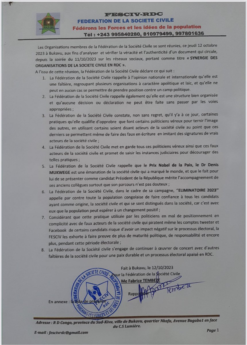 🚨 Faux,<a href="/DenisMukwege/">Denis Mukwege</a> n’a jamais été radié de la synergie des membres de la société civile.
Réunis ce jeudi à Bukavu,Ces organisations  membres de la société civile dénoncent certaines pratiques qu’elle qualifie d’opprobre que font certains politiciens véreux pour ternir l’image