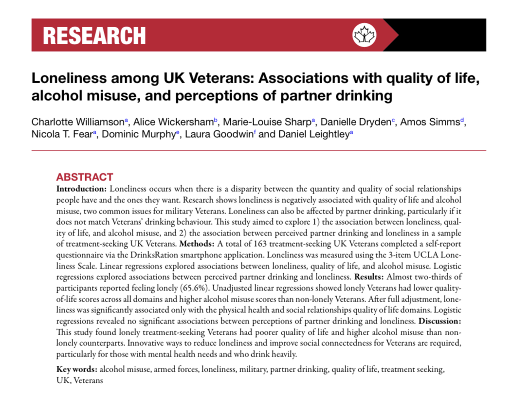 New paper out 🚨 ‘Loneliness among UK veterans: Associations with quality of life, alcohol misuse, and perceptions of partner drinking’ ⬇️ jmvfh.utpjournals.press/doi/full/10.31…