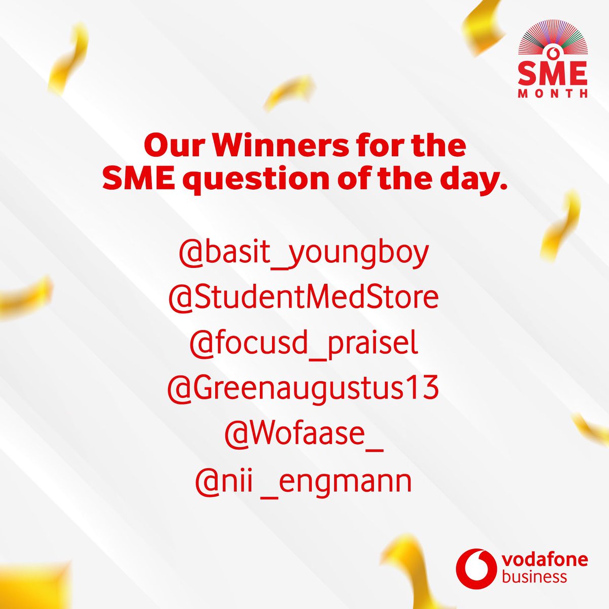 TelecelGhana's tweet photo. Big congratulations to our brilliant SME question of the day champions! Thank you for joining us on this incredible journey and being a part of our success.

#SMEMonth2023 #VodafoneBusiness #GoodToGreat #FurtherTogether https://t.co/fgHCKMfM6c