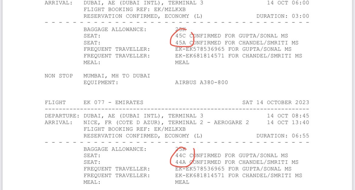 Sonalg432's tweet photo. @EmiratesSupport @qatarairways Wow You arent even apologetic for changing a prepaid seat without checking with the customer. We chose a window &amp; aisle in the same row , paid for it &amp; that’s how we want it. why don’t you change someone else’s seat from 44 d /g/ h . Shame on you for cheating people like this https://t.co/OE9aOS9yxG