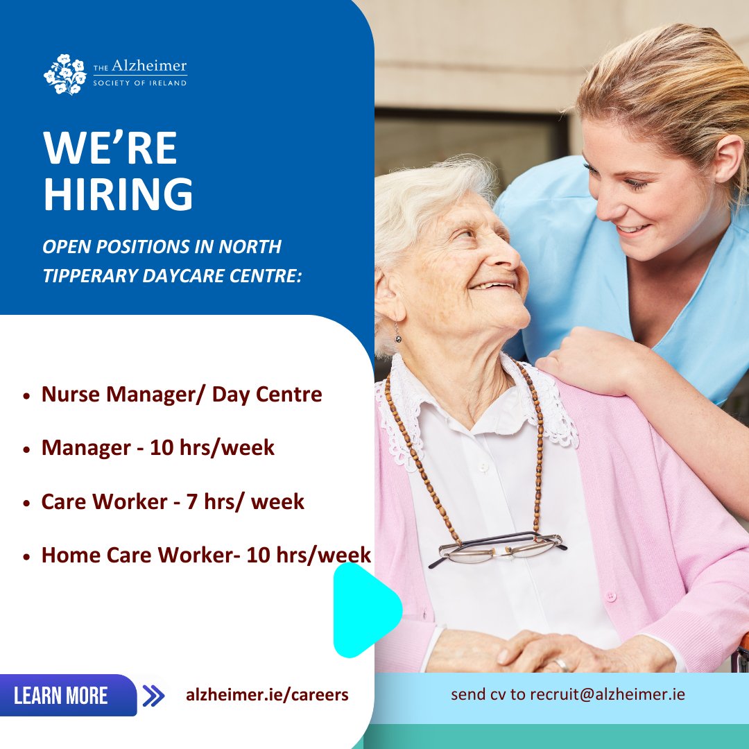 alzheimersocirl's tweet photo. Attention, North Tipperary area!🏥  ⠀
We’re looking for passionate and dedicated individuals to join our team! 
✮Nurse Manager
✮Day Centre Manager
✮Care Worker
✮Home Care Worker
Help make a difference in the lives of those living with Dementia. Send your CV to recruit@alzheimer.ie and check out our website for more details. 
#TeamASI #Hiring