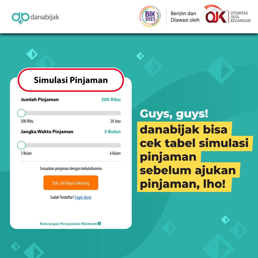Danabijak's tweet photo. Salah satu fitur keunggulan pinjaman di danabijak adalah kamu bisa mengecek langsung tabel simulasi pinjaman untuk melihat ada biaya apa saja di dalamnya.

Jadi jangan ragu lagi ya untuk pinjam di danabijak!

#danabijak #rekanbijak #keuangan #fintechlegal #fintechaman #OJK https://t.co/zt3iBzADzr