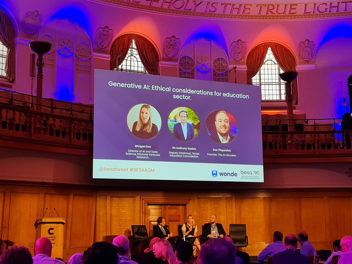 Knowldgillusion's tweet photo. Morgan Dee, EVR's Director of AI &amp; Data Science chairing the panel at @besatweet's Conference on Generative AI: Ethical Considerations for Education with @AnthonySeldon and Dan Fitzpatrick @theaieducatorX 

#ai #genai #generativeai #education #teachers #students #edchat #schools https://t.co/BPUMIzsvtb