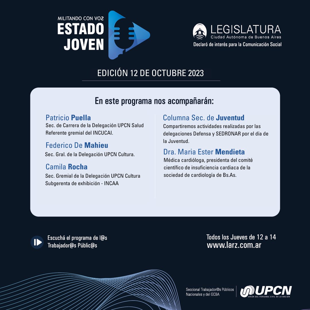 📷 Escuchá el programa todos los jueves de 12 a 14 hs por larz.com.ar/radio/

El programa de los Trabajador@s Públic@s  En el programa de hoy en ESTADO JOVEN, nos acompañan:    
⬇️⬇️⬇️