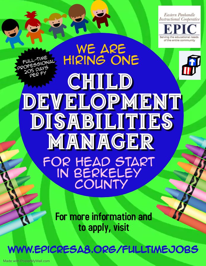 EasternEpic's tweet photo. EPIC is hiring a Head Start Child Development/Disabilities Manager in Berkeley County. This is a FT position 205 days per school year paid on the EPIC Professional Salary Scale with years of experience and education as well as a 7.5% Coordinator Index.  https://t.co/zfKOBobmCs https://t.co/gO6BZZOP2C