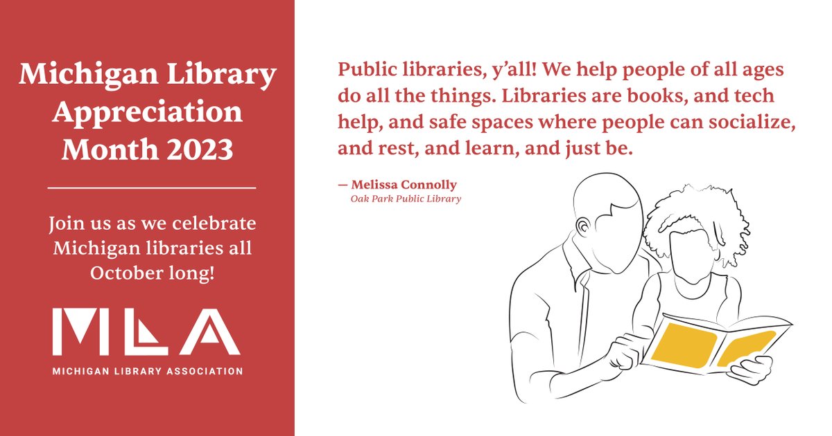 MLAoffice's tweet photo. "Public libraries, y'all! We help people of all ages do all things. Libraries are books, and tech help, and safe spaces where people can socialize, and rest, and learn, and just be." 📚💻🛋️💬 - Melissa Connolly, Oak Park Public Library #MiLibraryMonth #LoveMiLibraries https://t.co/FKw24u4Be3