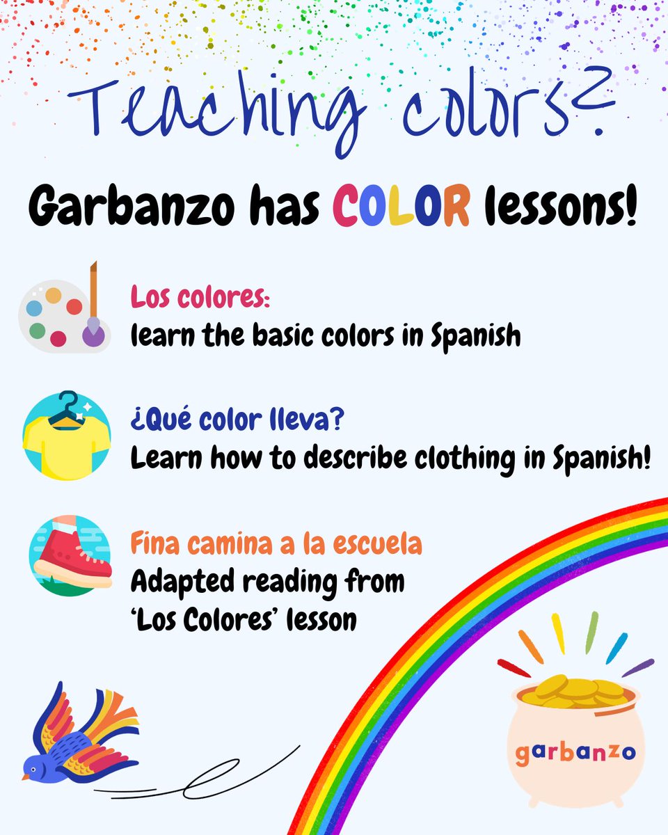 Did you know that Garbanzo has different lessons to practice colors? Check out these color related lessons! Garbanzo really is the pot of gold at the end of the Spanish resource rainbow!