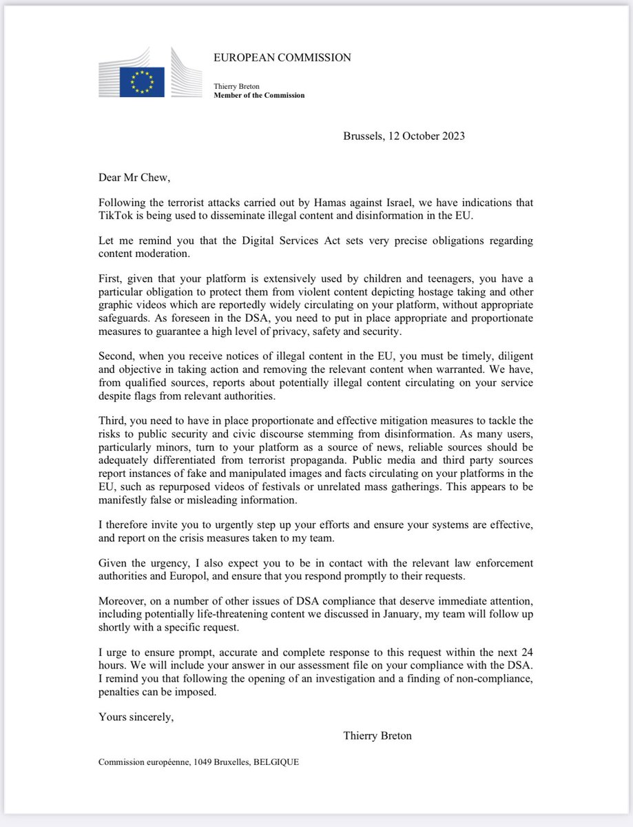 #TikTok has a particular obligation to protect children &amp; teenagers from violent content &amp; terrorist propaganda —as well as death challenges &amp; potentially life-threatening content.

#DSA sets out very clear obligations TikTok must comply with.

Letter to TikTok CEO Shou Zi Chew⤵️