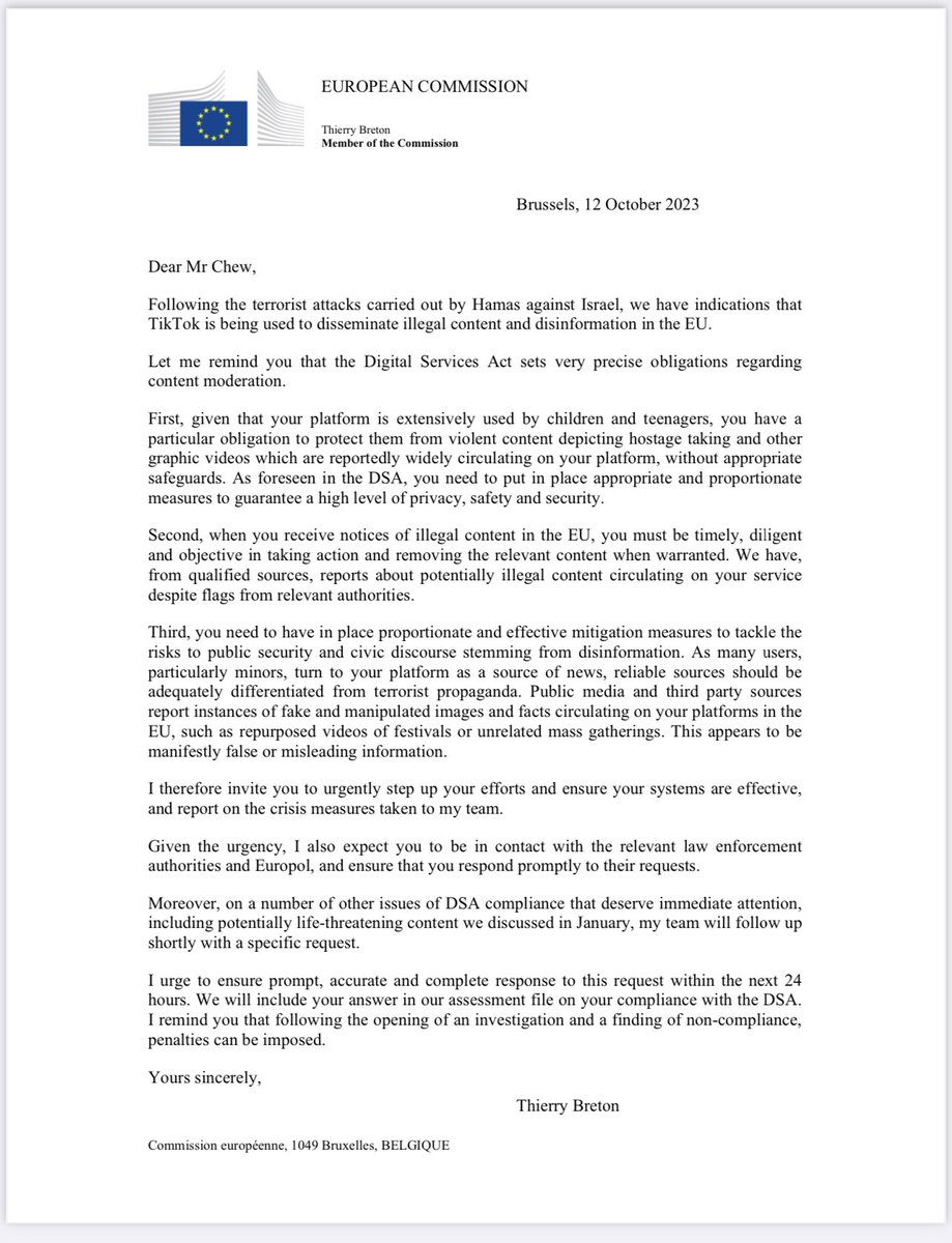 #TikTok has a particular obligation to protect children & teenagers from violent content & terrorist propaganda —as well as death challenges & potentially life-threatening content. #DSA sets out very clear obligations TikTok must comply with. Letter to TikTok CEO Shou Zi Chew⤵️