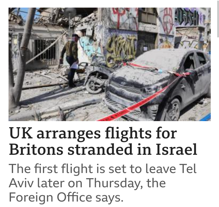 Donaldbotburp's tweet photo. Is this the BBC sticking a picture up of Gaza on top of a headline on flight evacuations for UK subjects in Israel? It would be an odd thing to do. #IsraelPalestineConflict https://t.co/fRozodBkjA