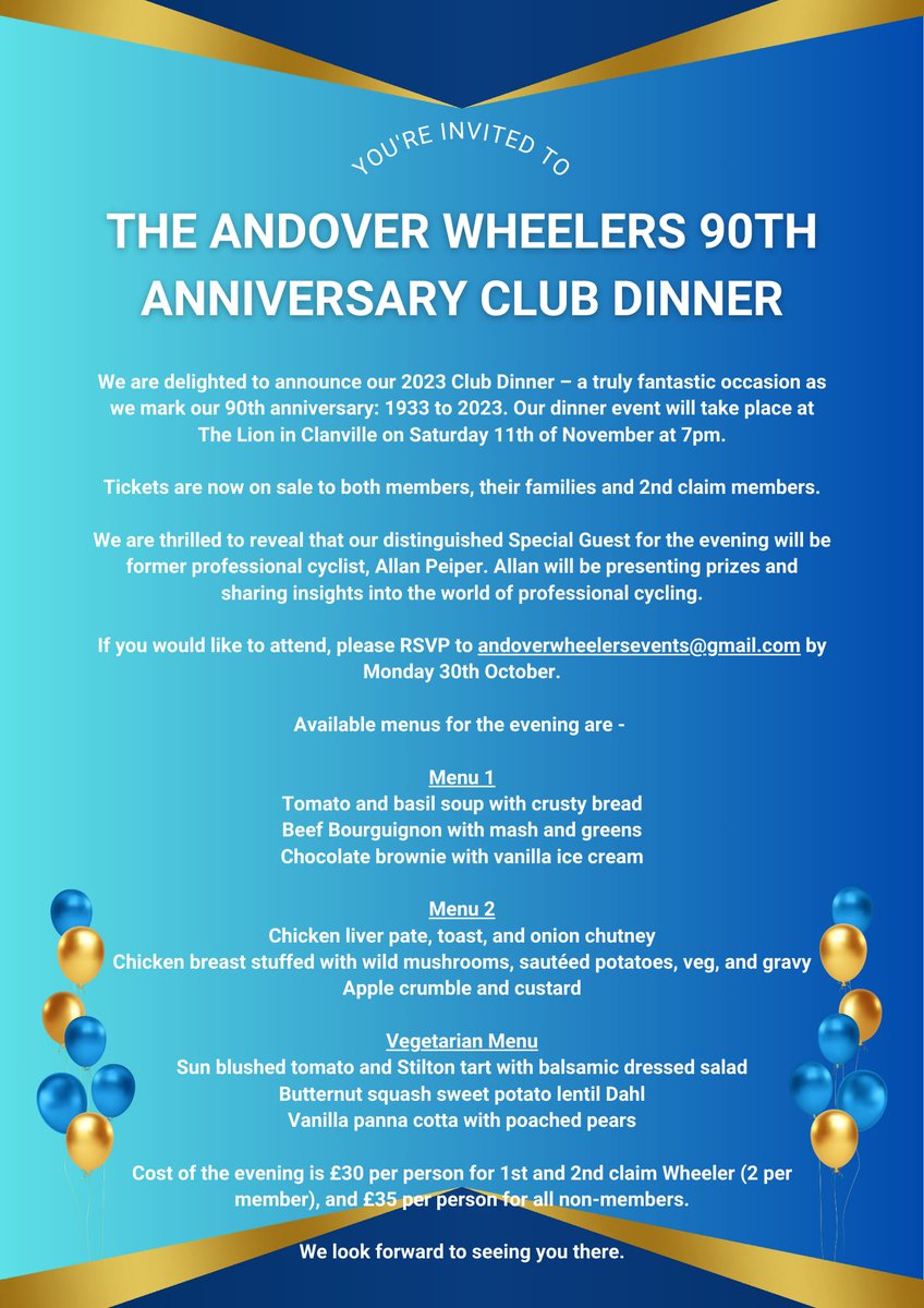 Calling all @andover_club members we have our club dinner on 11th November with Alan Pieper as our guest speaker.
Why not come along we have a few spaces left before we hit capacity.
#clublife