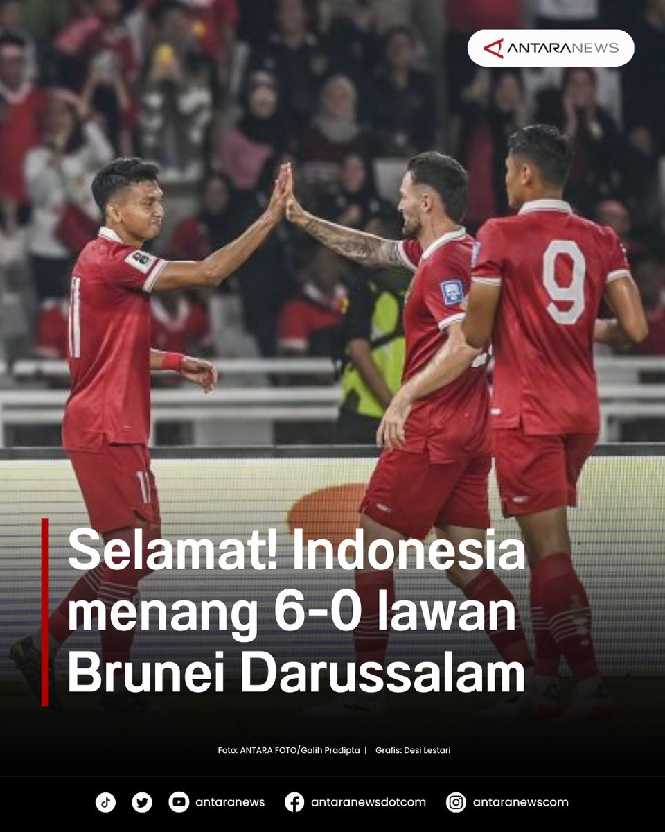 antaranews's tweet photo. 🔊#BERITATERKINI 

Selamat! Timnas Indonesia meraih kemenangan telak atas Brunei Darussalam di Kualifikasi Piala Dunia 2026. 

#TimnasDay #TimnasIndonesia #kualifikasipialadunia https://t.co/b60XwdlZjn