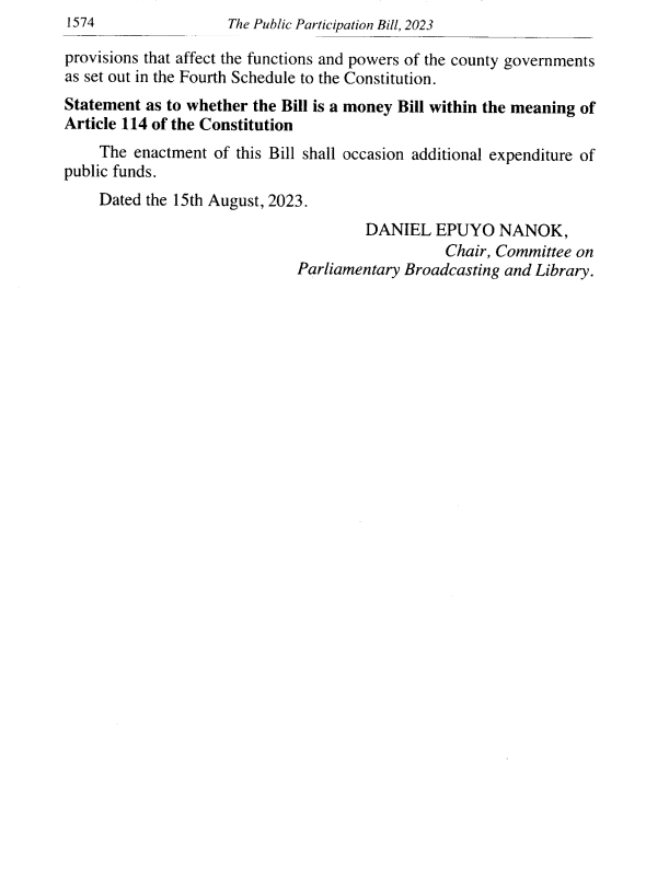MzalendoWatch's tweet photo. The Public Participation Bill (National Assembly Bill No. 52 of 2023) is read the first time. 

The Bill seeks to provide a framework for effective public participation to give effect to the constitutional principles of democracy and participation of the people under Articles 10(2), 118, 196, 201(1) and 232 (1)(b) of the Constitution and for connected purposes. #BungeLiveNA