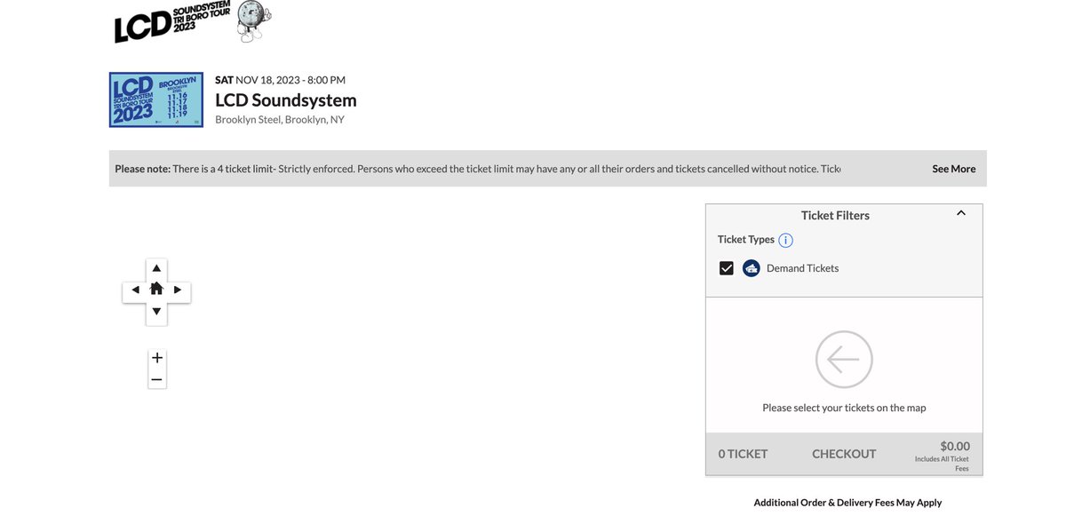 UlaRuth's tweet photo. @axs your website goes down, after being in the waiting room an hour ahead of pre-sale, totally blank map and no way to select tkts. finally when it refreshes there are no tkts avail for @lcdsoundsystem so you def got owned by bots and non-fans. Well done 👏🏻 https://t.co/3tTtXFWe1I