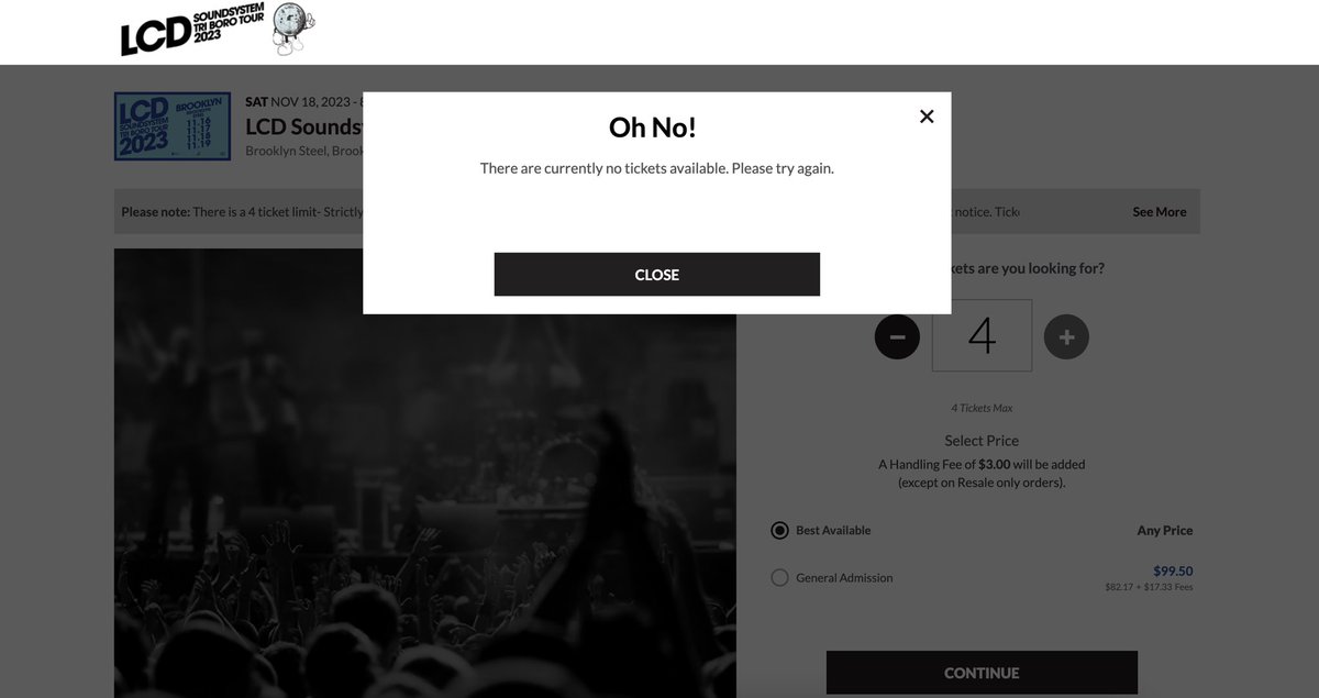UlaRuth's tweet photo. @axs your website goes down, after being in the waiting room an hour ahead of pre-sale, totally blank map and no way to select tkts. finally when it refreshes there are no tkts avail for @lcdsoundsystem so you def got owned by bots and non-fans. Well done 👏🏻 https://t.co/3tTtXFWe1I