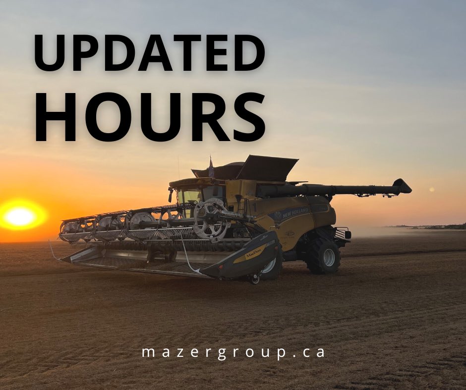 mazergroup's tweet image. As the sun sets on another harvest season, we are changing to winter hours. 

We are now open 8am to 5pm Monday to Friday and closed on Saturday/Sunday. 

#mazergroup #updatedhours #winter #harvestwrapup