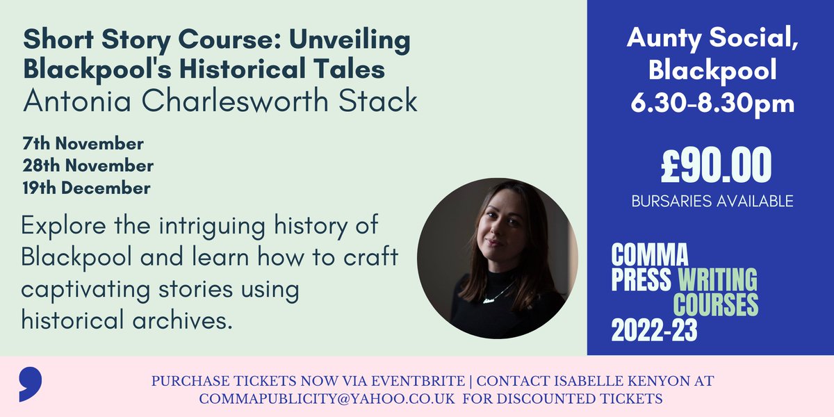 Exciting news: Comma is bringing a 3-session Short Story Course to Blackpool on Nov 7 at Aunty Social. Uncover the hidden gems of the city's history to fuel your storytelling journey. No experience required – this is for everyone! 

eventbrite.co.uk/e/short-story-… <a href="/antonia_mcs/">Antonia Charlesworth</a>