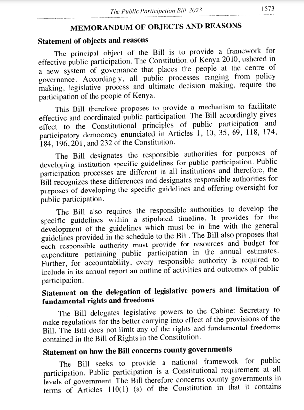 MzalendoWatch's tweet photo. The Public Participation Bill (National Assembly Bill No. 52 of 2023) is read the first time. 

The Bill seeks to provide a framework for effective public participation to give effect to the constitutional principles of democracy and participation of the people under Articles 10(2), 118, 196, 201(1) and 232 (1)(b) of the Constitution and for connected purposes. #BungeLiveNA