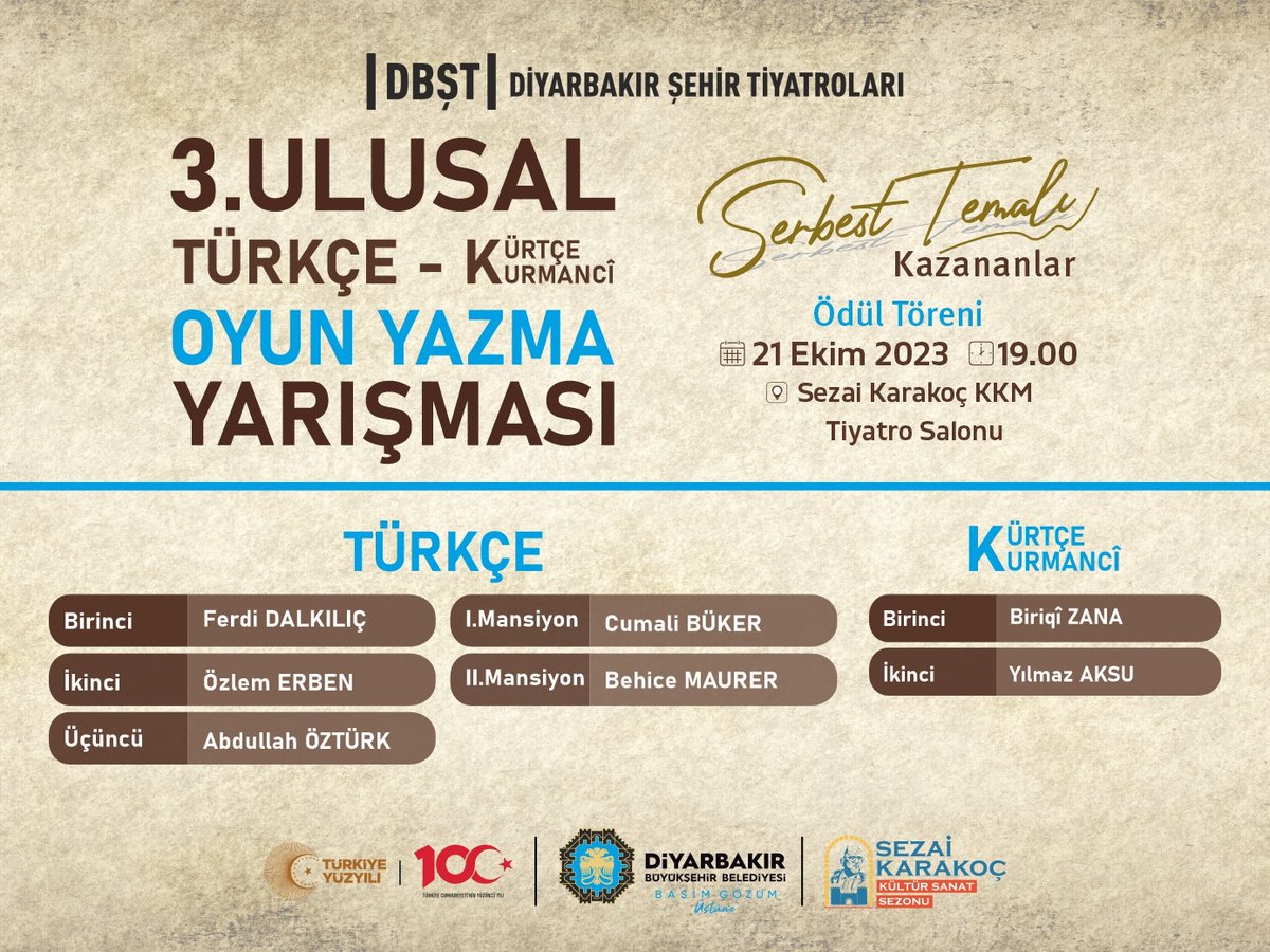3. ULUSAL TÜRKÇE-KÜRTÇE OYUN YAZMA YARIŞMAMIZIN SONUÇLARI AÇIKLANDI 🏅🎭

Gerçekleştirdiğimiz yarışmamıza katılan tüm yarışmacıları tebrik ederiz.📜

Elinize, kaleminize sağlık😊

Ödül töreni ⤵️

📅 21 Ekim Cumartesi
🕖 19:00
📍 Sezai Karakoç KKM

#BaşımGözümÜstüne