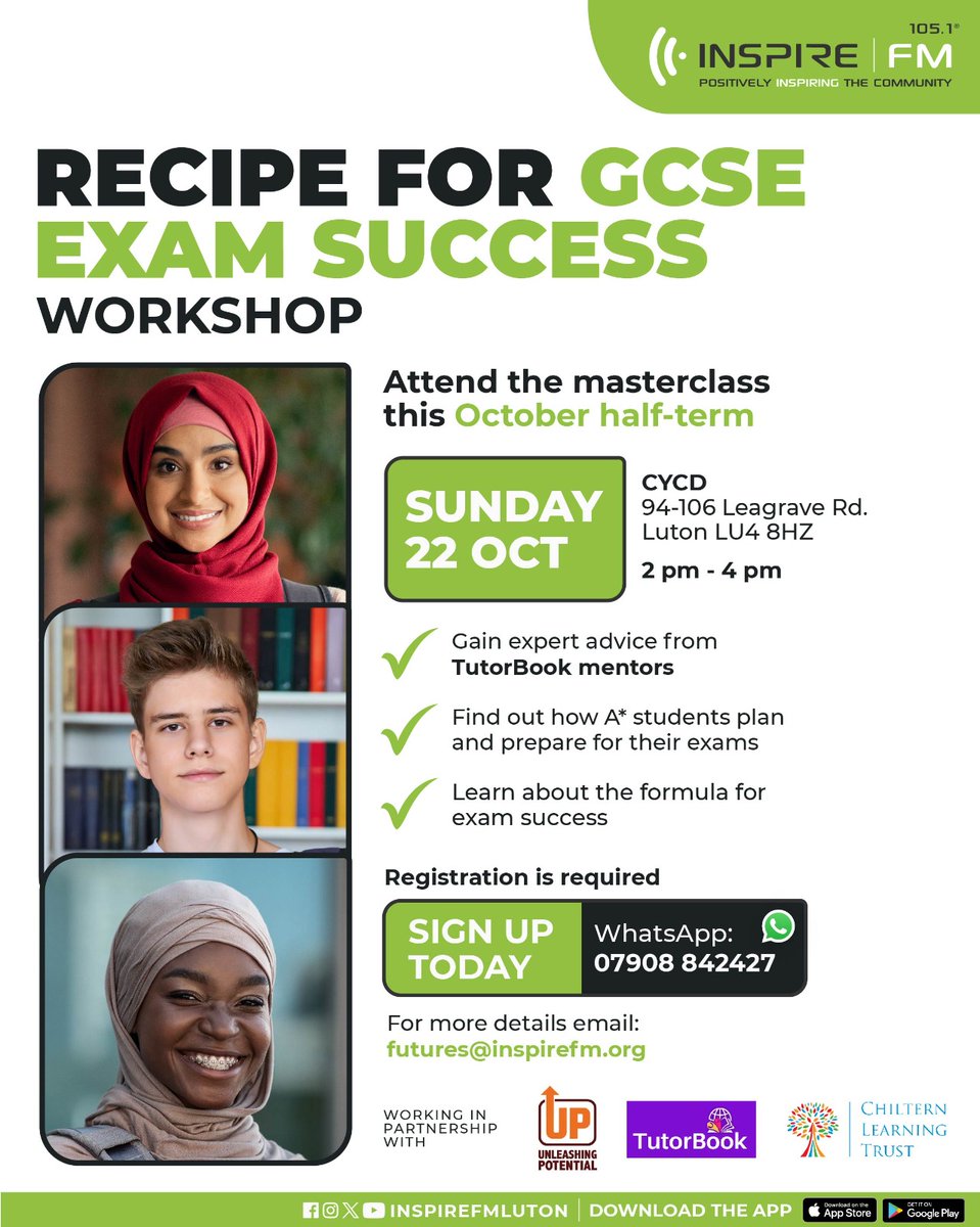 Please help promote our 'Recipe for GCSE Exam Success' workshop which returns on Sun 22 Oct (2pm-4pm). Aimed at Y10 and Y11 pupils, it is delivered by the brilliant @tutorbook_ mentors. Share with your networks 👇