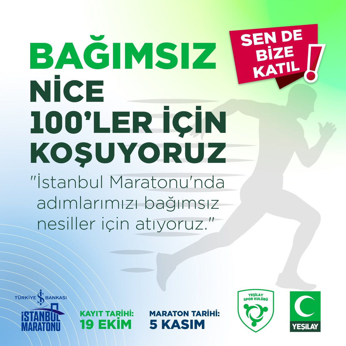 Bağımsız nice 100'ler için koşuyoruz!
Sen de 45. #İstanbulMaratanu'nda bize katıl, adımlarını bağımsız nesiller için at.

📌Kayıt tarihi; 19 EKİM
📌Maraton tarihi; 5 KASIM
📌19 Ekim tarihinde maraton.istanbul sitesi üzerinden kayıt oluşturabilirsiniz!

#Yeşilay