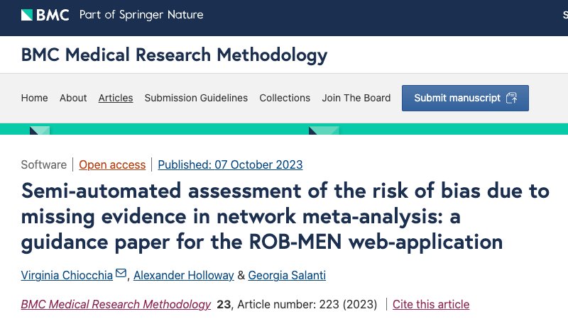 🚨 NEW PAPER 🎉
Our tutorial for using the ROB-MEN app to evaluate the risk of reporting bias in network meta-analysis is finally out!👉 rdcu.be/doo1a
@Geointheworld 

#evidencesynthesis #reportingbias #riskofbias