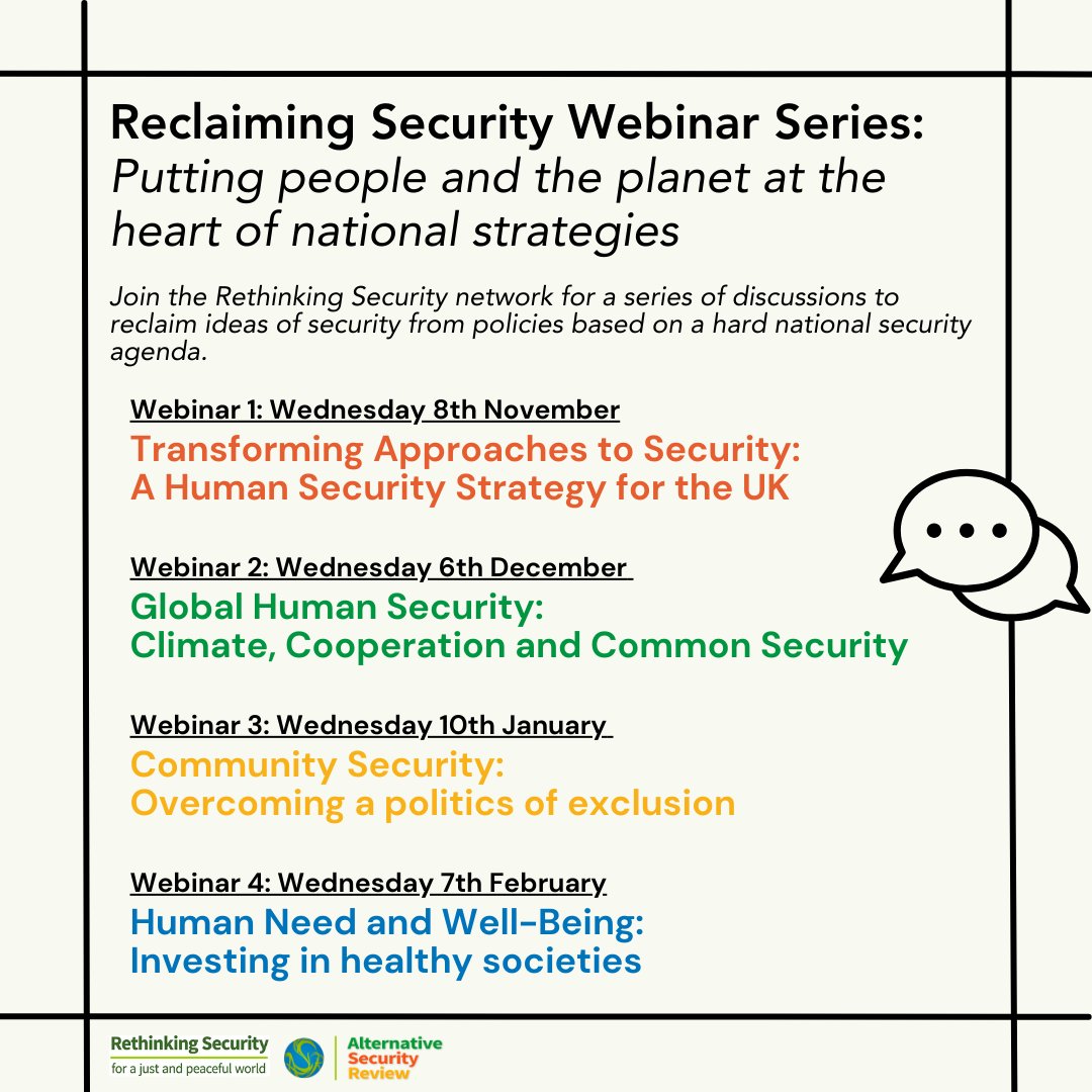 We have a new webinar series starting next month! 🚨 'Reclaiming Security Webinar Series' Four events focused on different aspects of human security. Find out more here and how to register for each event 👉 rethinkingsecurity.org.uk/home/events/re… #ASR #HumanSecurityStrategy