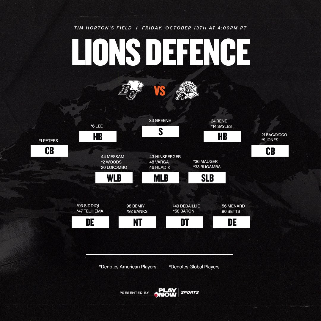 BCLions's tweet photo. Depth Chart time! β°
Here is how we will line up against the Hamilton Tiger-Cats tomorrow at Tim Hortons Field πͺ
#BCLions #RoarLikeNeverBefore https://t.co/0ufJqPHp7v