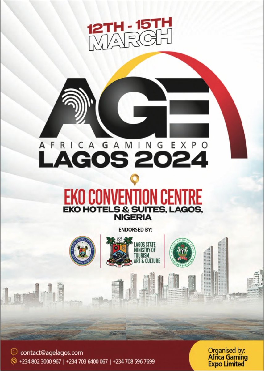 ageafrique's tweet photo. #Anticipate The biggest gathering of stakeholders in the Casino, Fintech, Gaming, and Allied Industries.
MARCH 12TH - 15TH, 2024
#AGELAGOS #Agelagos #LSLGA #LagosEvent #Casino #iGaming #SportsBetting #Betting #Gambling #Event https://t.co/S5OTB1auf3